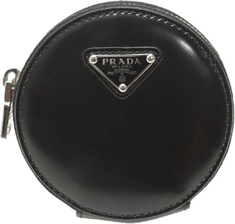 Prada Triangle Logo Plaque Black Leather Round Mini Pouch 